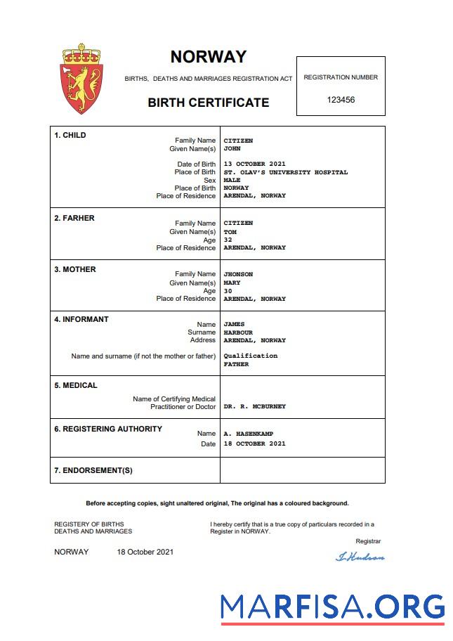 Downloadable Norway birth certificate Word and PDF template